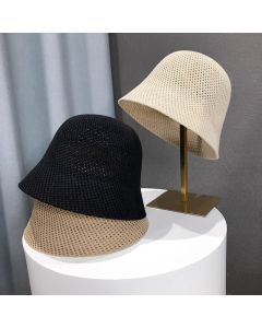 Summer Beach Solid Wide Brim Bucket Hat For Women Hollow Breathable Sunshade