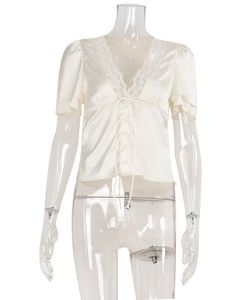 Ahagaga Causal Women Tops Solid Lace Neck Short Sleeves Satin Slim Button